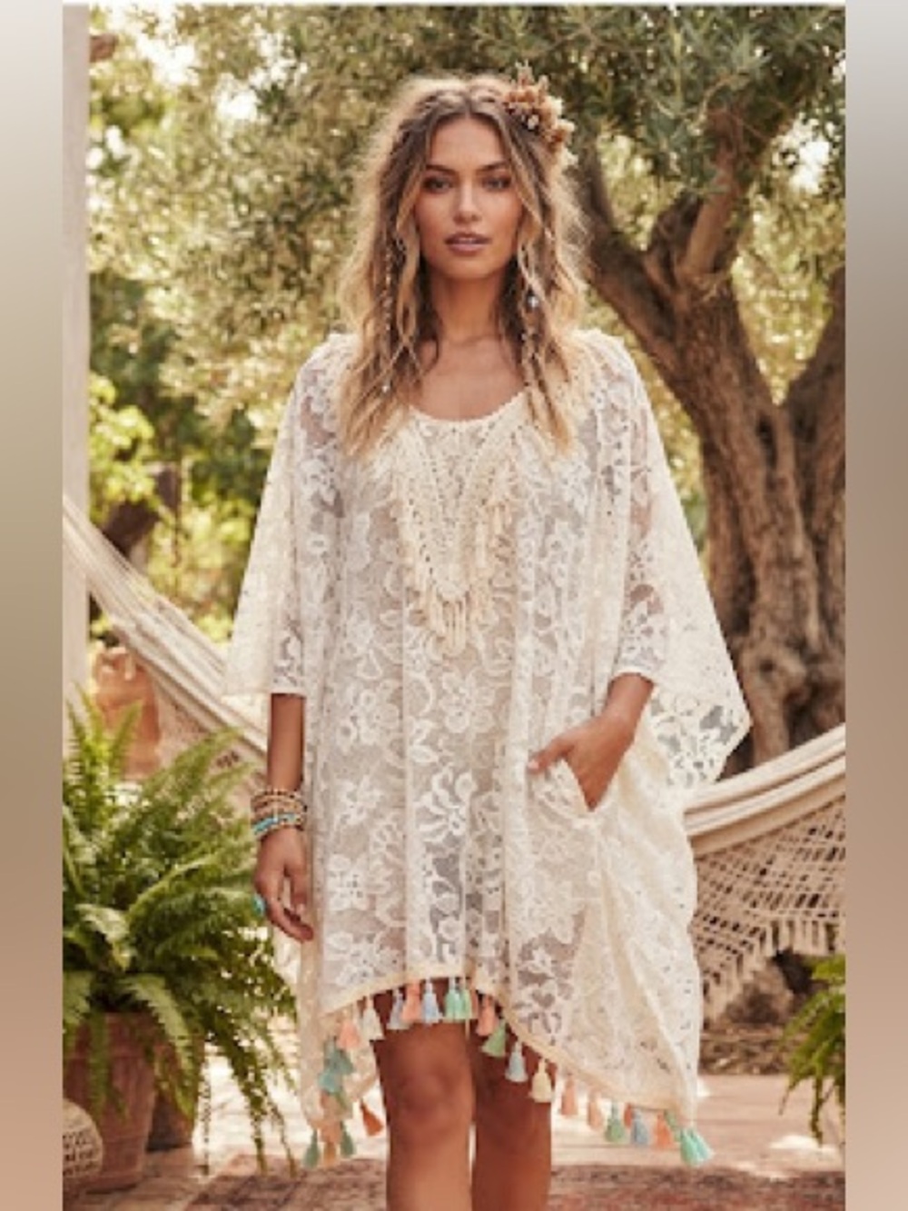Gipsy Queen Boho Butterfly Sleeve Lacey Tassel Dress/top Ivory Fairy Whimsy L/XL